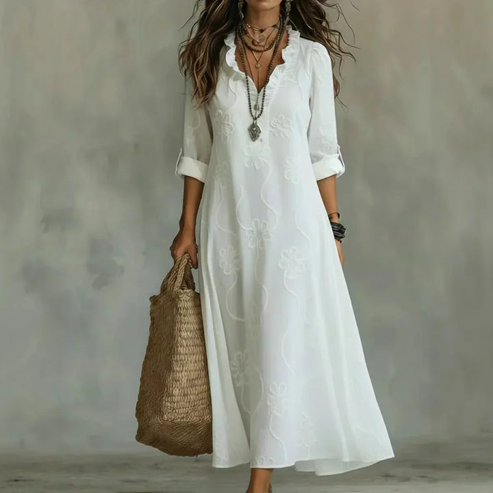 Talira – Stampa Floreale con Maniche Risvoltabili, Abito Maxi