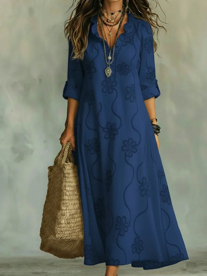 Talira – Stampa Floreale con Maniche Risvoltabili, Abito Maxi