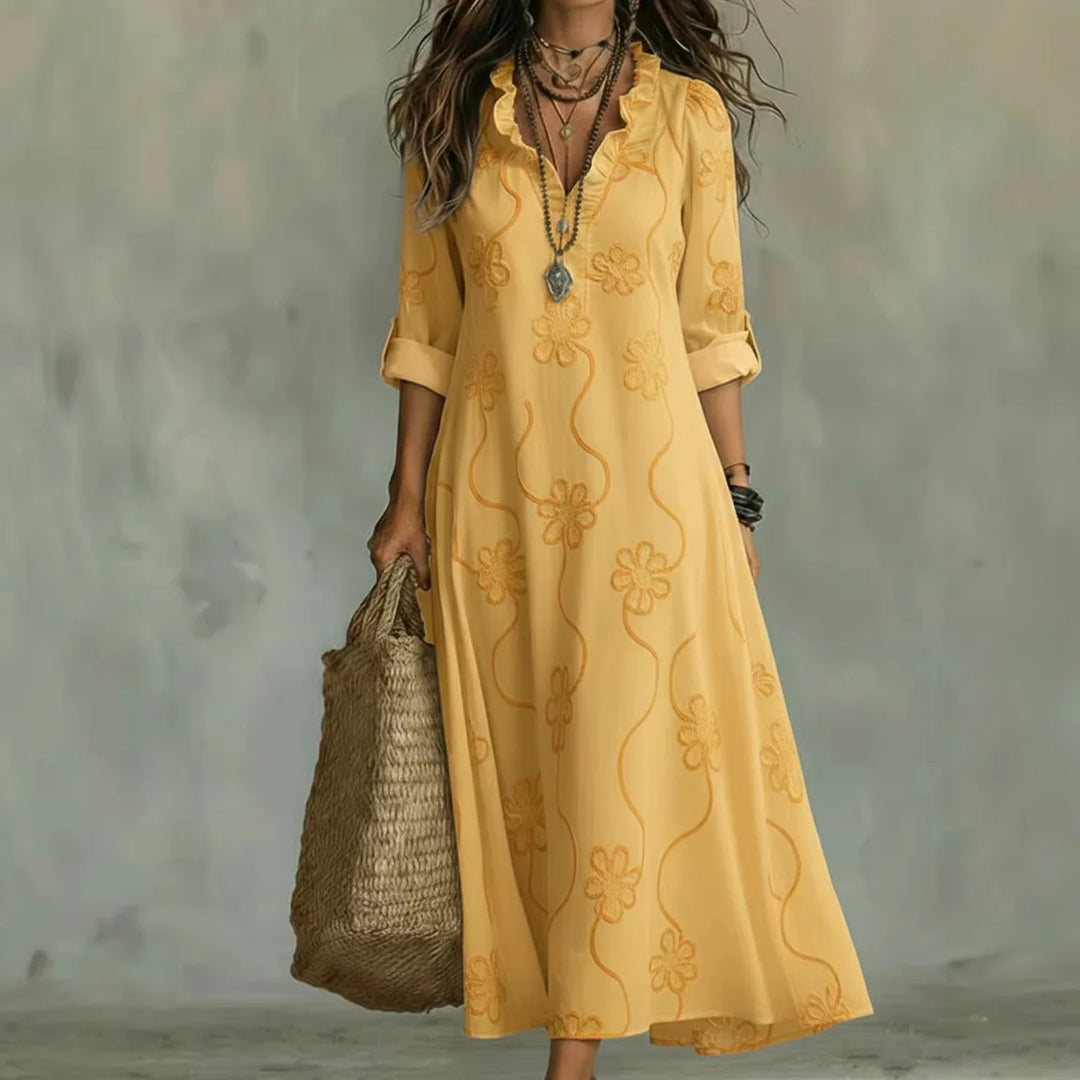 Talira – Stampa Floreale con Maniche Risvoltabili, Abito Maxi