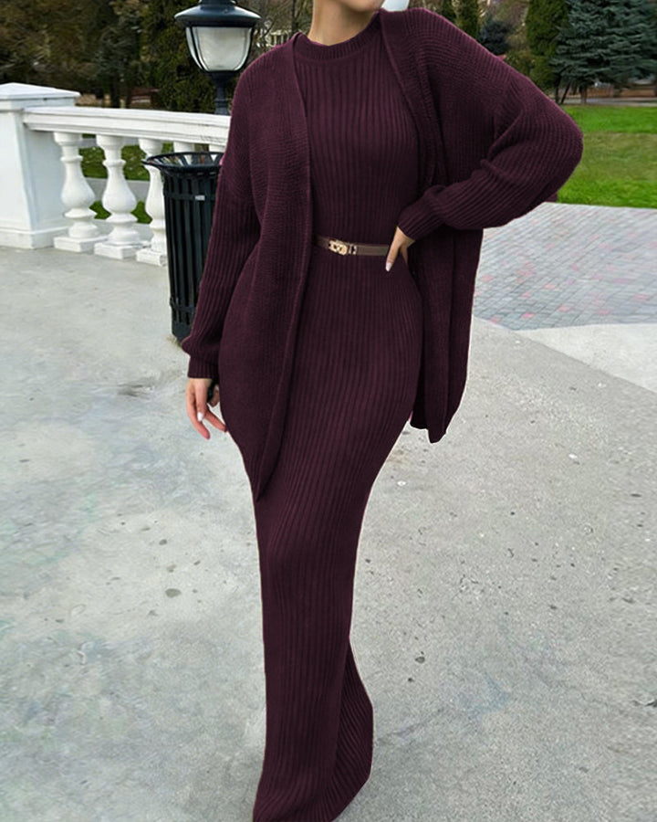 Nivara – Completo in Maglia a Coste con Abito Aderente e Cardigan