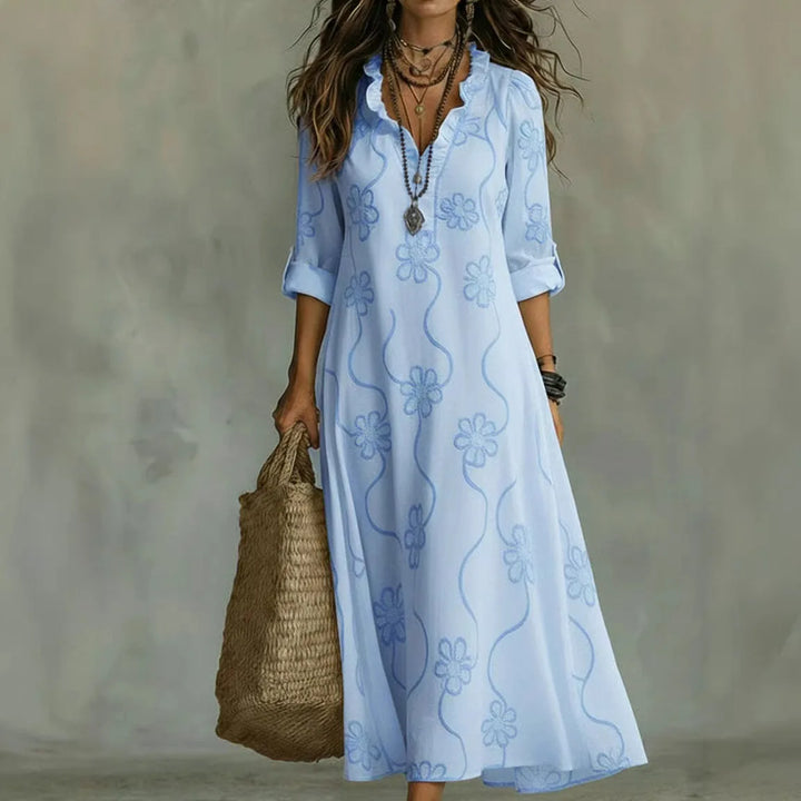 Talira – Stampa Floreale con Maniche Risvoltabili, Abito Maxi