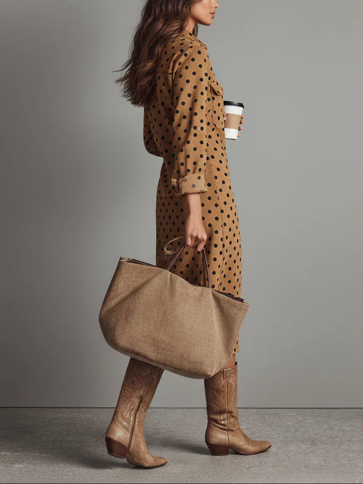 Relina – A Pois in Finta Pelle Scamosciata Abito Camicia Midi