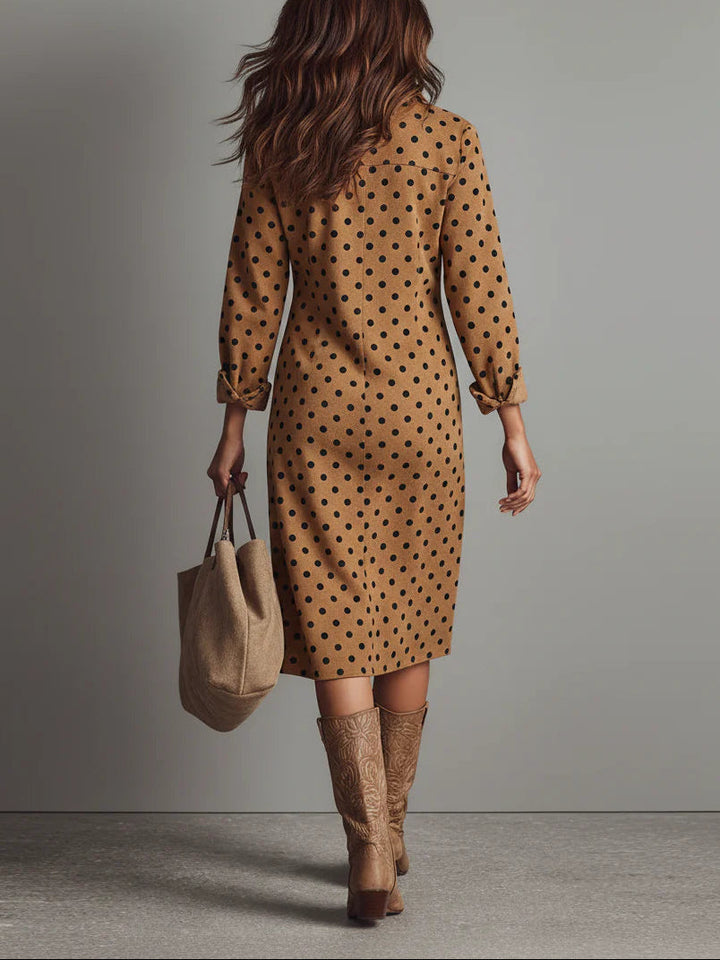 Relina – A Pois in Finta Pelle Scamosciata Abito Camicia Midi
