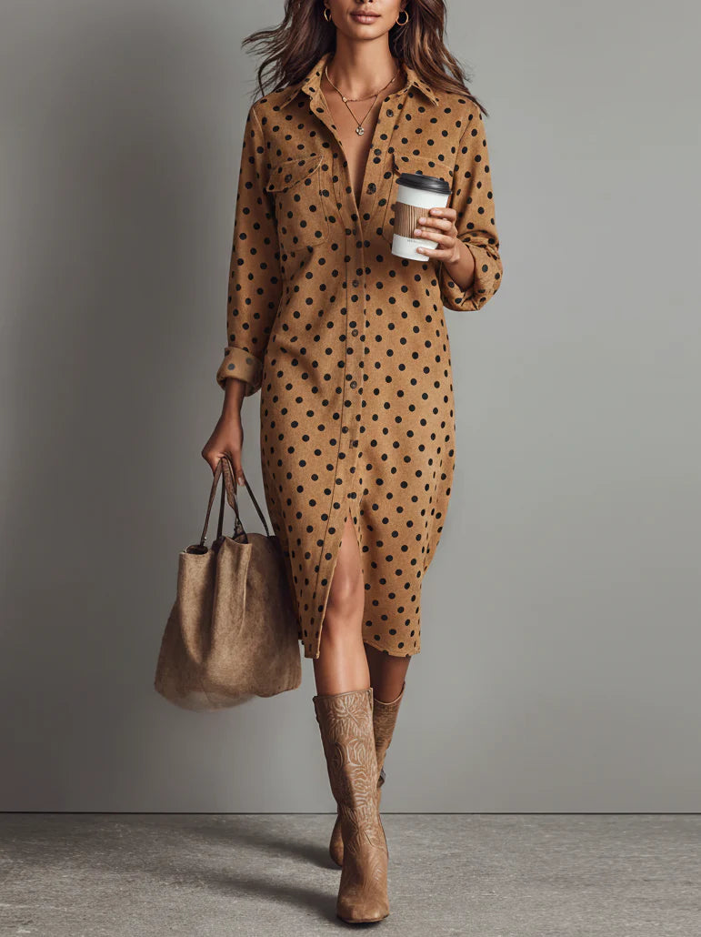 Relina – A Pois in Finta Pelle Scamosciata Abito Camicia Midi