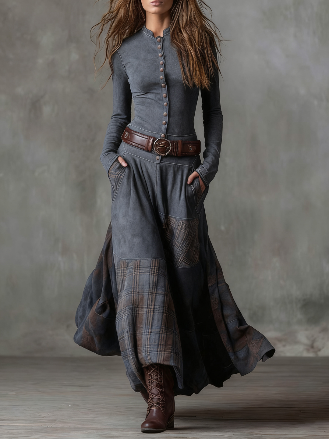 Elyra – Gonna Patchwork in Pelle Scamosciata Abito Maxi