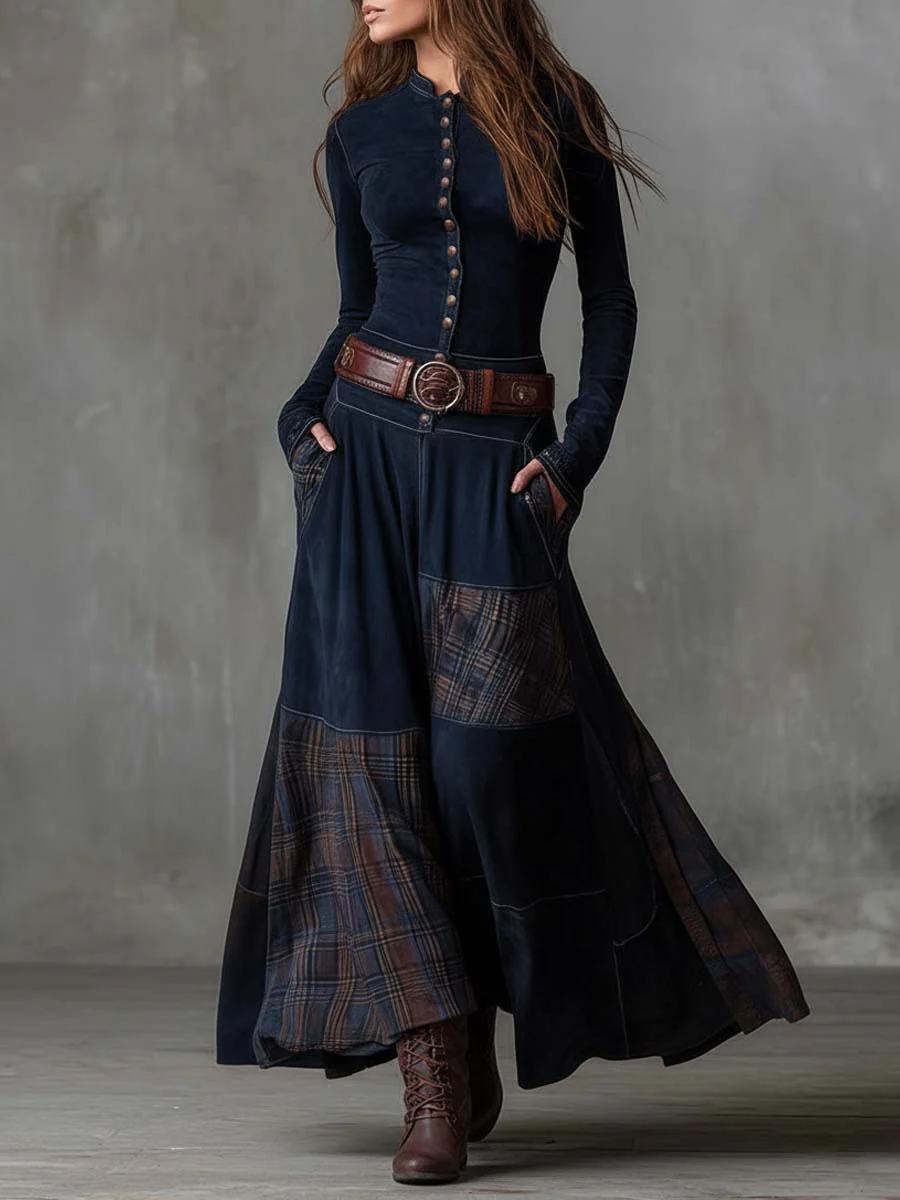 Elyra – Gonna Patchwork in Pelle Scamosciata Abito Maxi
