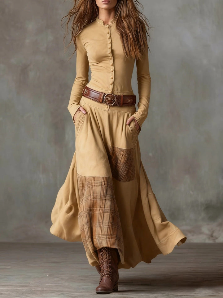 Elyra – Gonna Patchwork in Pelle Scamosciata Abito Maxi