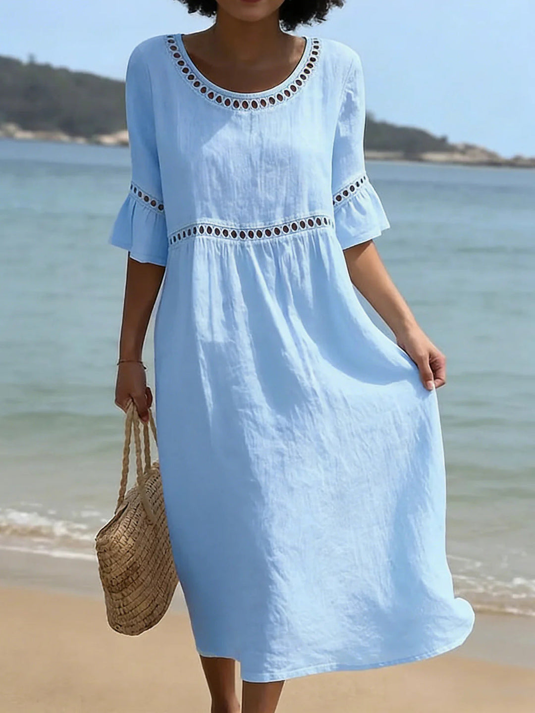 Lunira – Con Pizzo, in Cotone e Lino, Abito Midi
