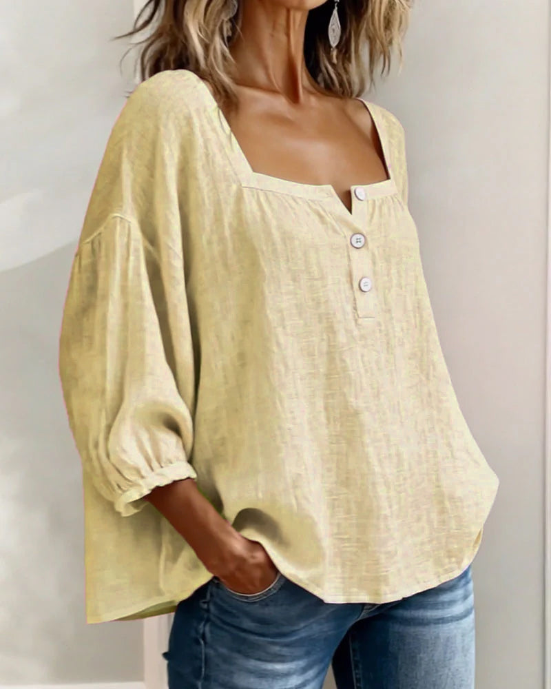 Sivara – Scollatura Quadrata in Cotone-Lino, Blusa