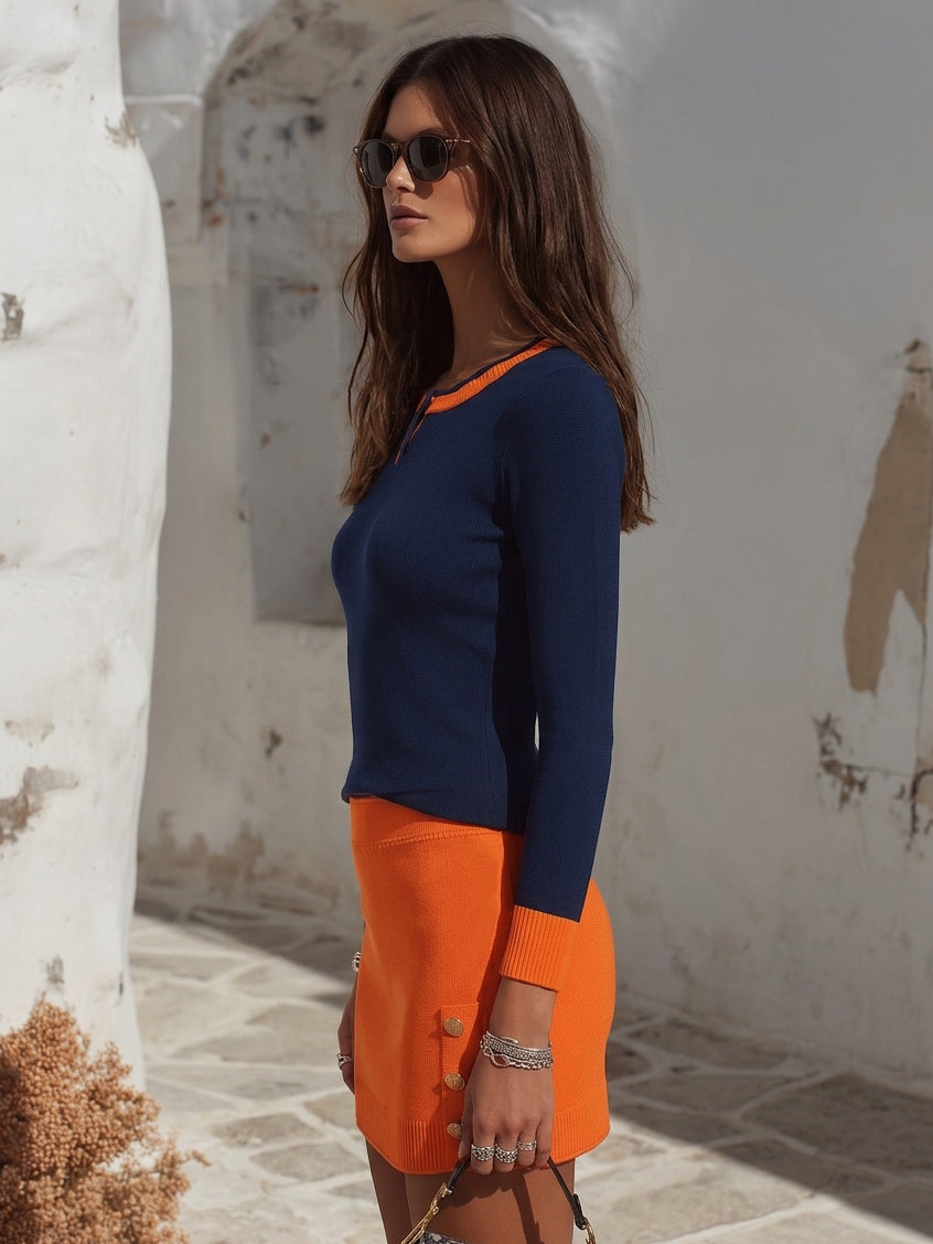 Rivela – Completo in Maglia a Coste Colorate con Gonna