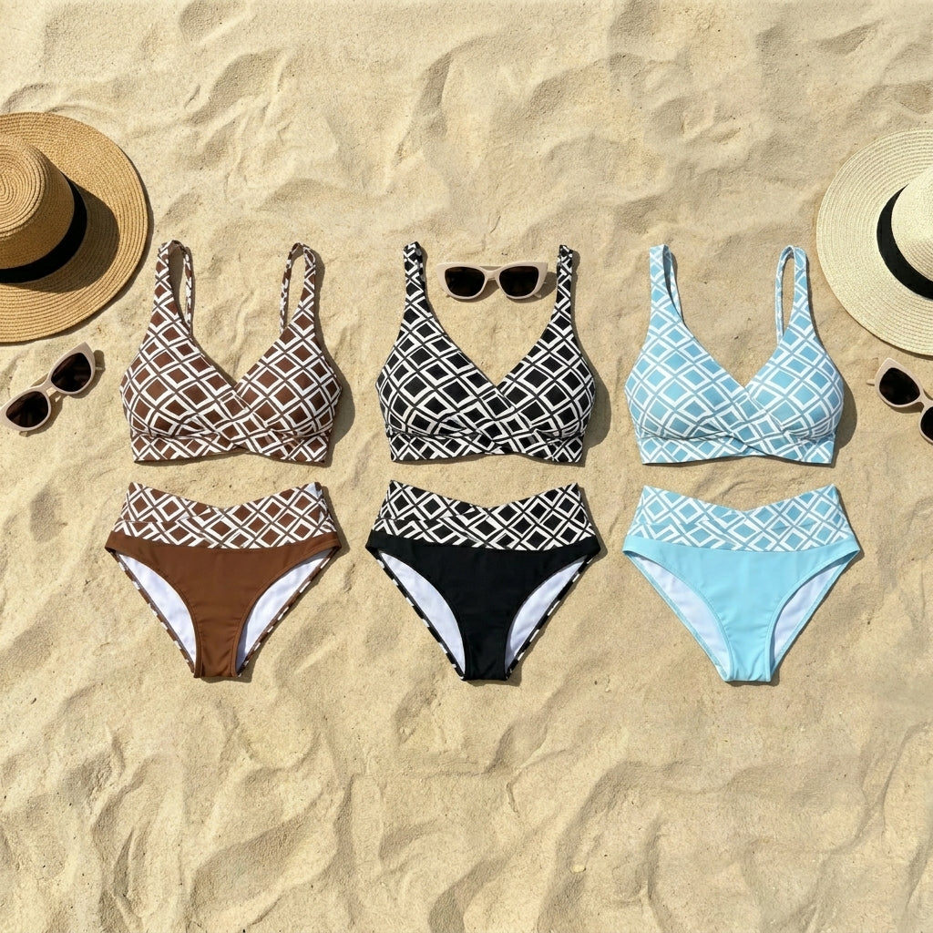 Sevra – Stampa Geometrica e Scollatura a V Incrociata, Bikini a Due Pezzi