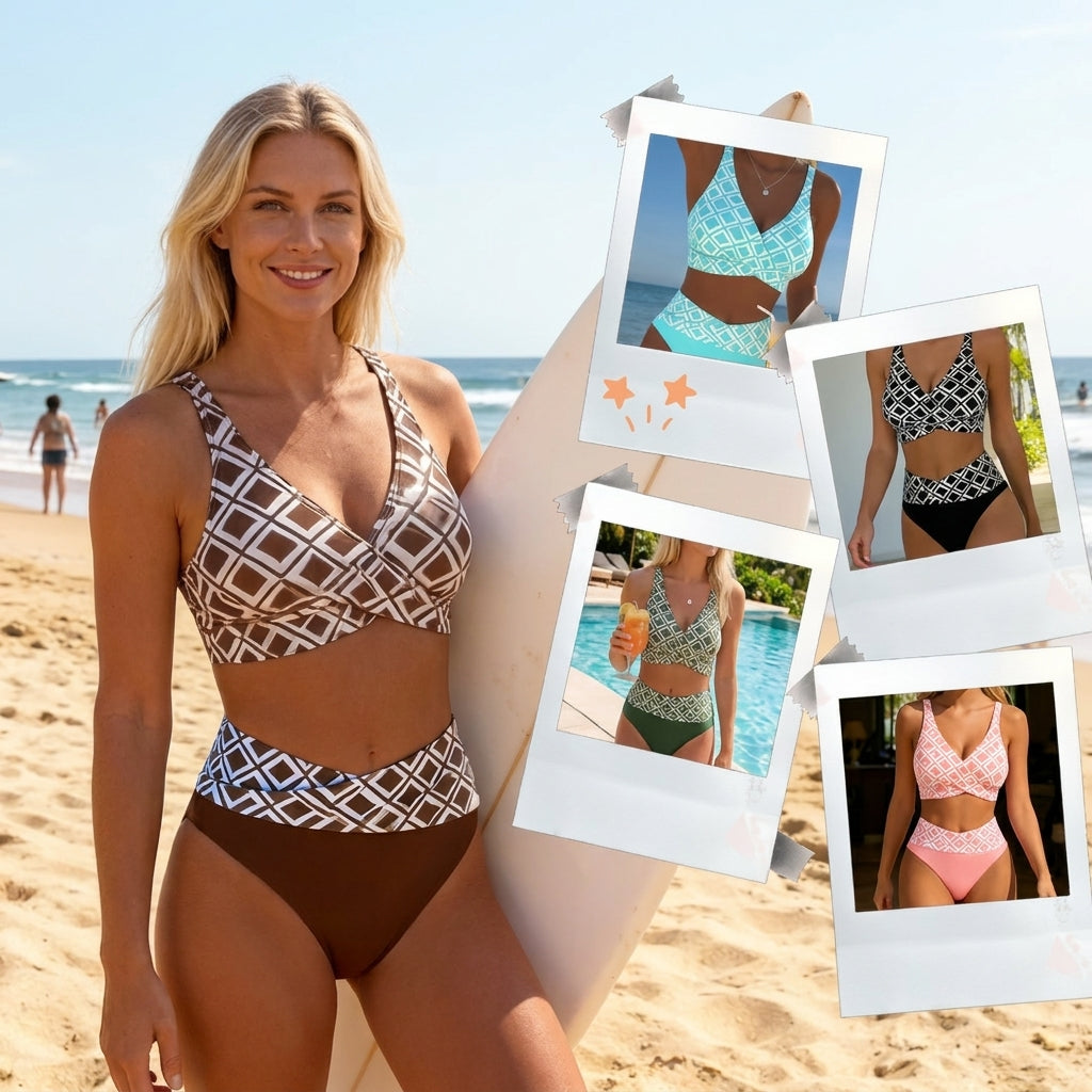 Sevra – Stampa Geometrica e Scollatura a V Incrociata, Bikini a Due Pezzi