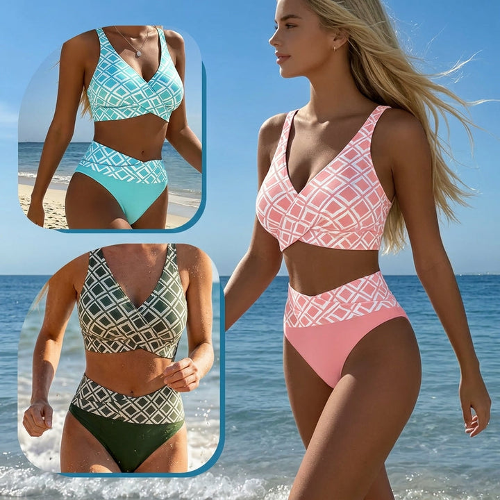 Sevra – Stampa Geometrica e Scollatura a V Incrociata, Bikini a Due Pezzi