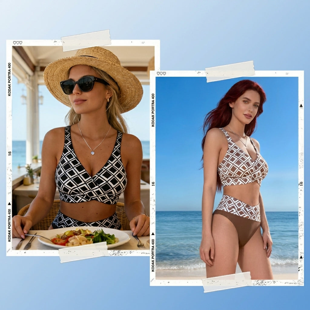 Sevra – Stampa Geometrica e Scollatura a V Incrociata, Bikini a Due Pezzi