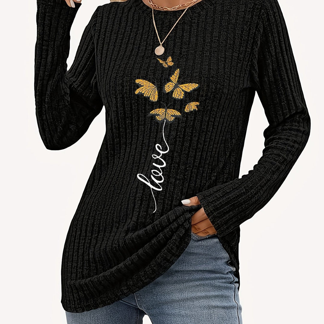 Calira – Con Stampa Farfalla, Maglia a Coste, T-Shirt