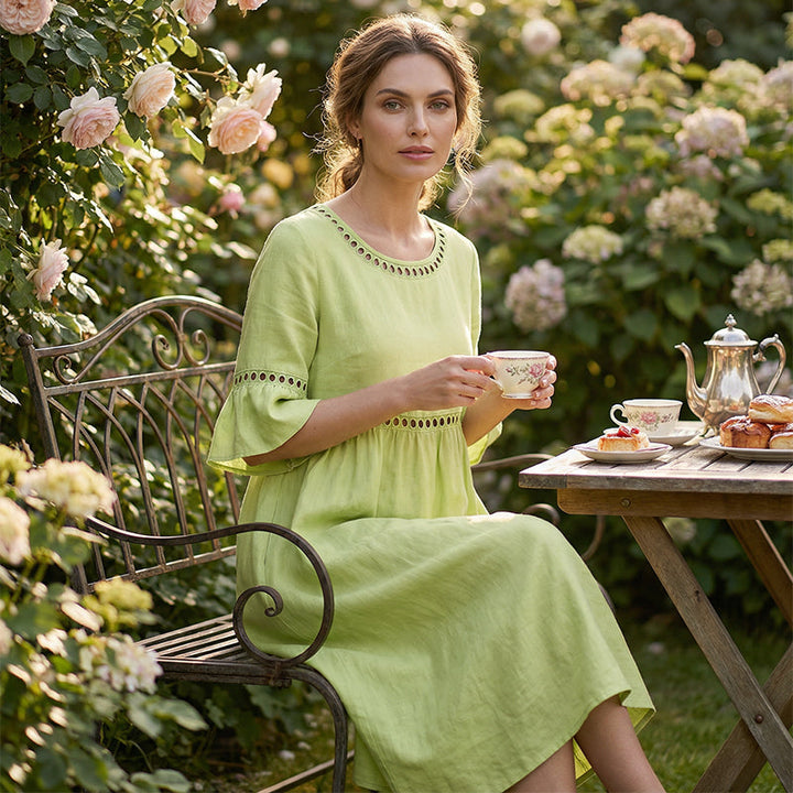 Lunira – Con Pizzo, in Cotone e Lino, Abito Midi