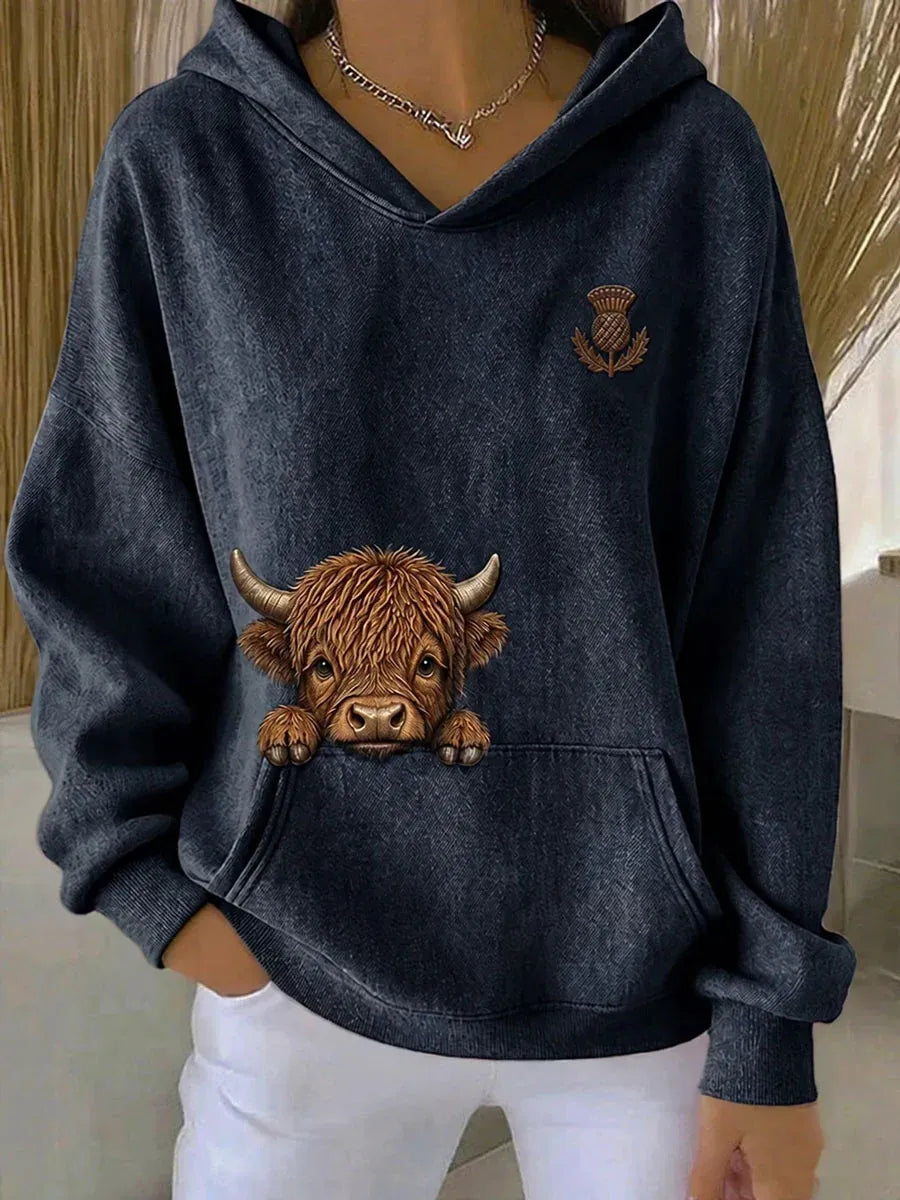 Sorali – Con Stampa Highland Cattle in Maglia, Felpa con Cappuccio