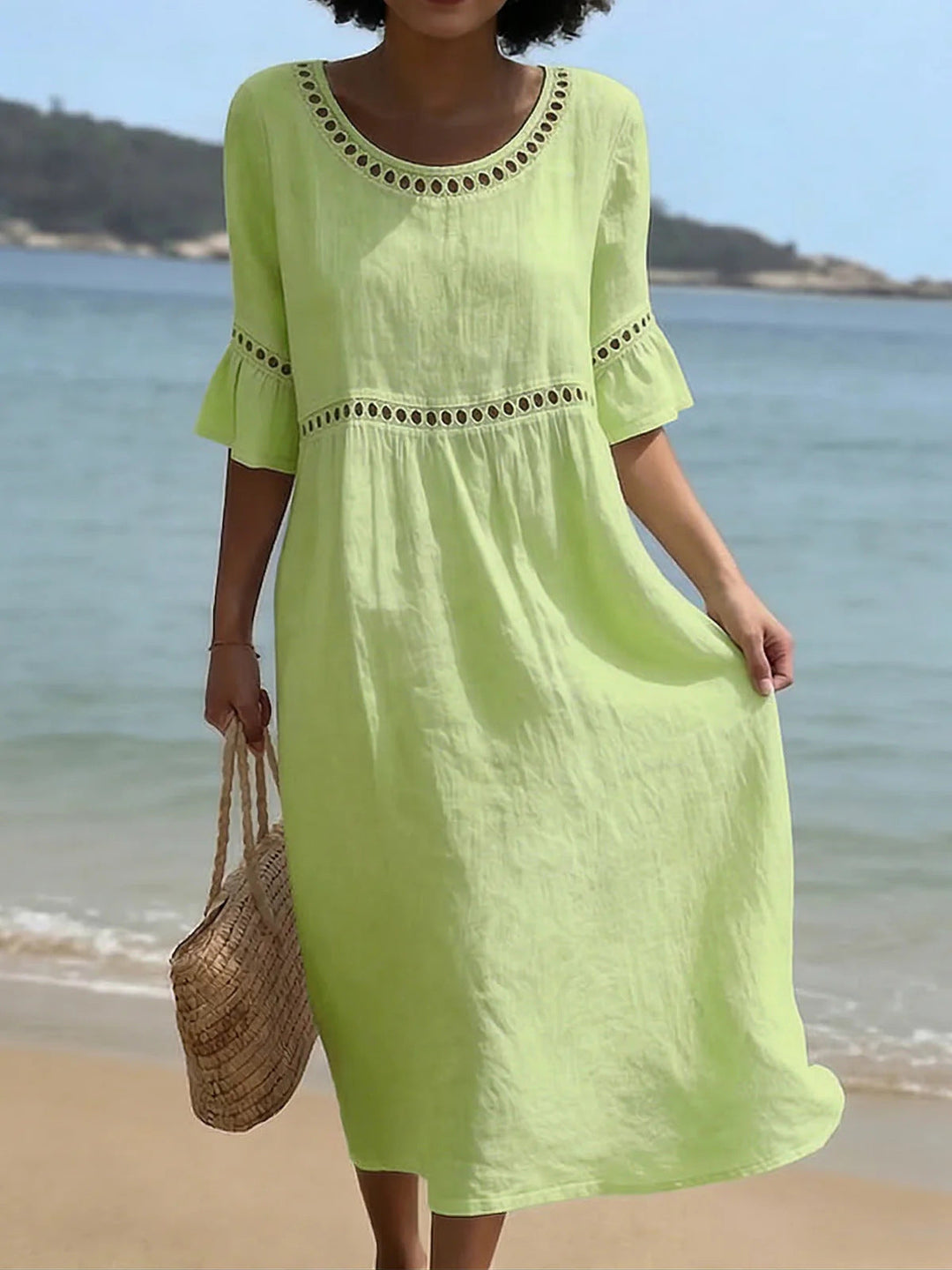 Lunira – Con Pizzo, in Cotone e Lino, Abito Midi