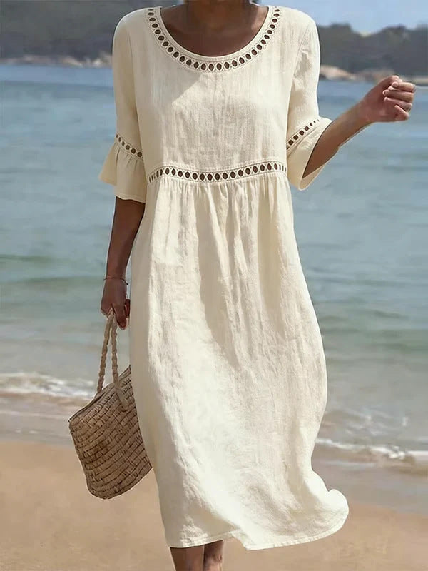 Lunira – Con Pizzo, in Cotone e Lino, Abito Midi