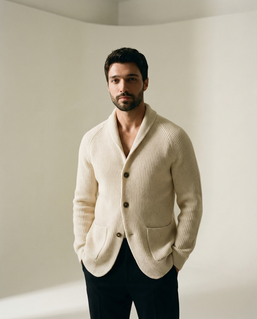 Con Collo a Sciarpa in Misto Lana Cardigan