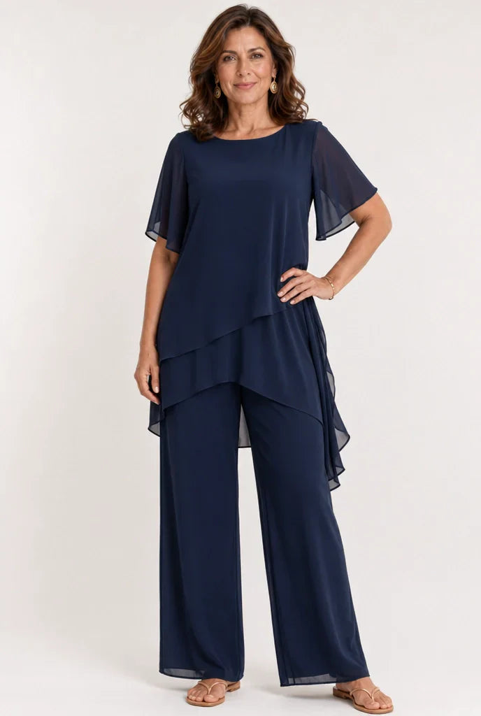 Sivela – Asimmetrico in Chiffon, Completo con Pantaloni Palazzo