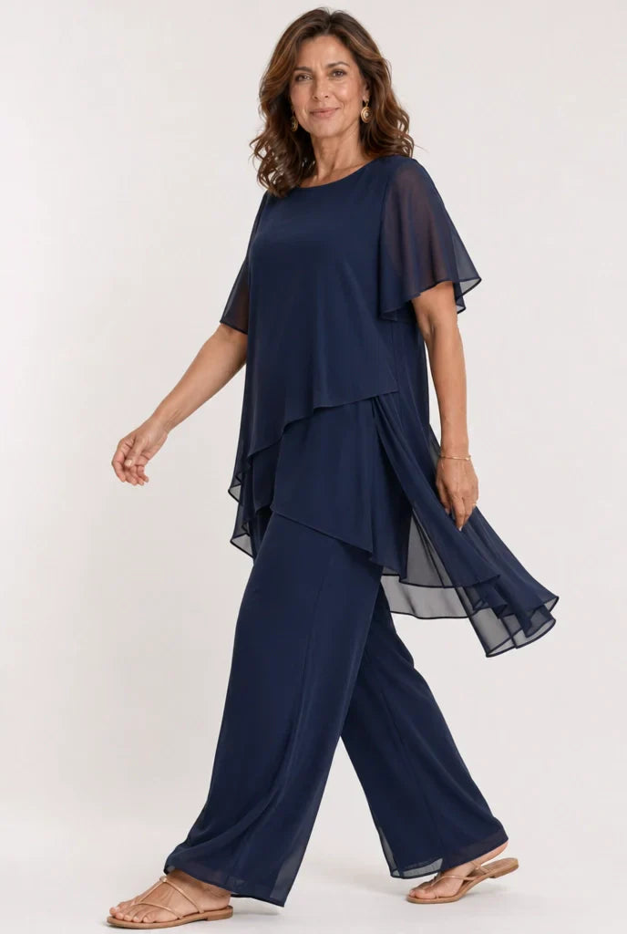 Sivela – Asimmetrico in Chiffon, Completo con Pantaloni Palazzo