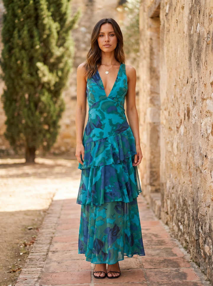 Luniva – Scollo a V con Stampa Floreale, Abito Maxi
