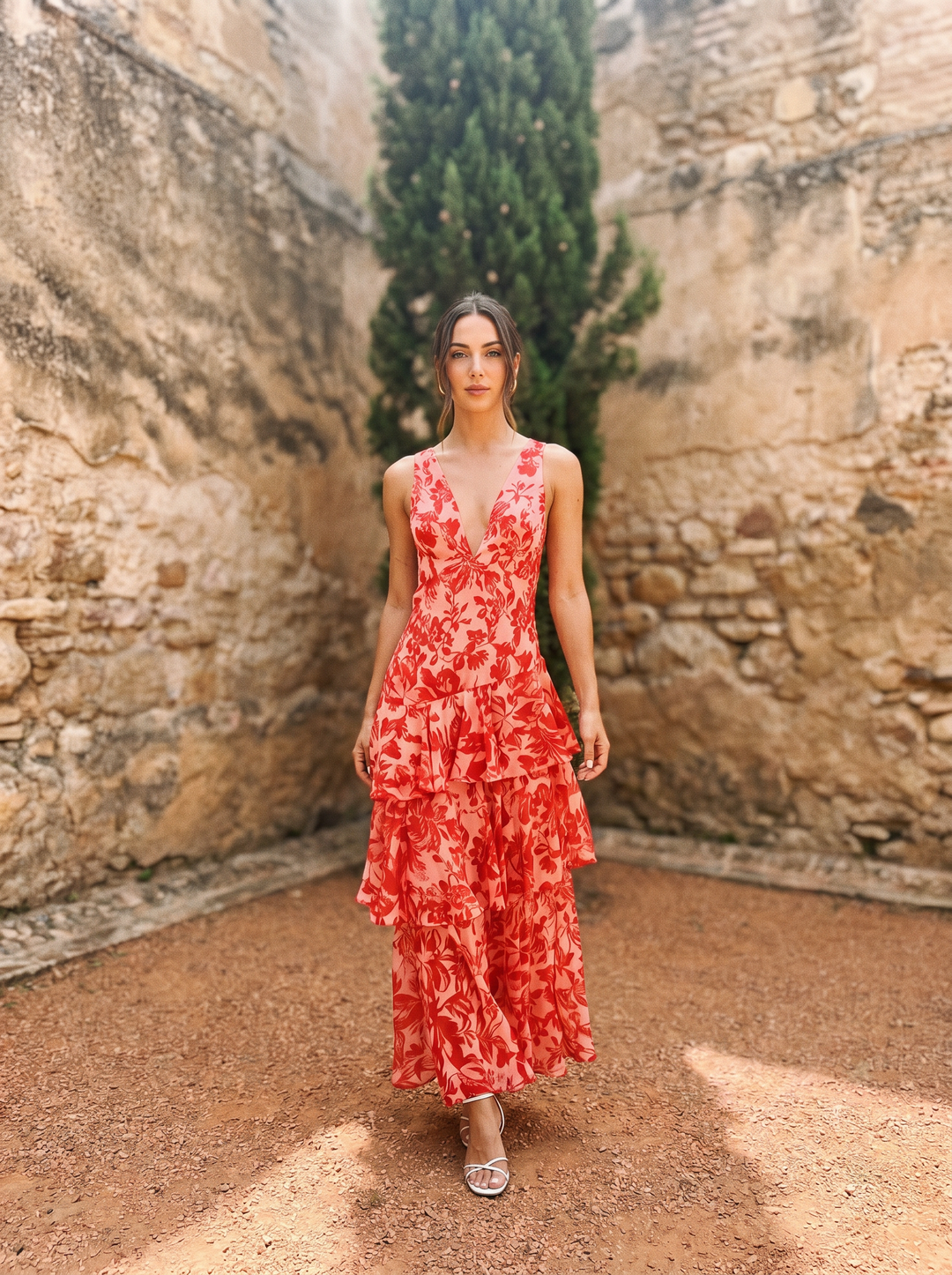 Luniva – Scollo a V con Stampa Floreale, Abito Maxi