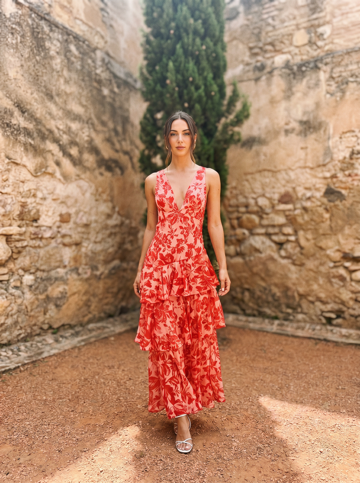 Luniva – Scollo a V con Stampa Floreale, Abito Maxi