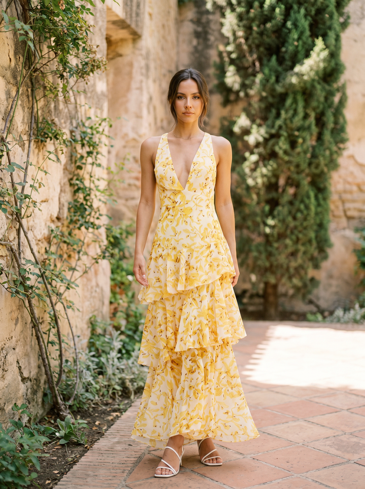 Luniva – Scollo a V con Stampa Floreale, Abito Maxi