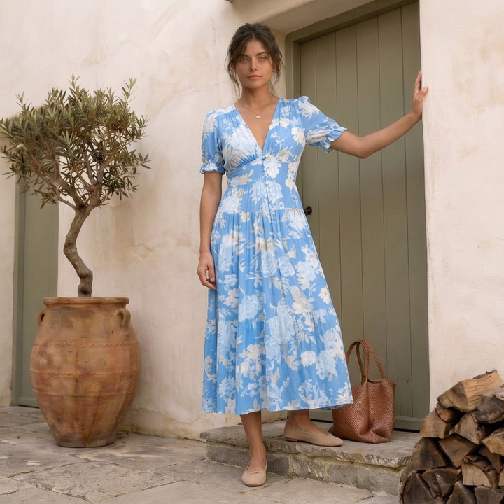 Nelora – Abito Maxi a Fiori con Scollo a V