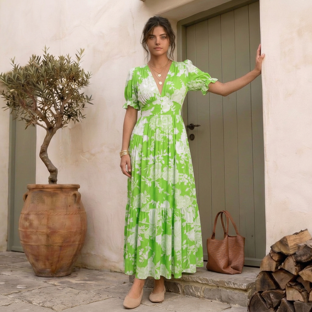 Nelora – Abito Maxi a Fiori con Scollo a V