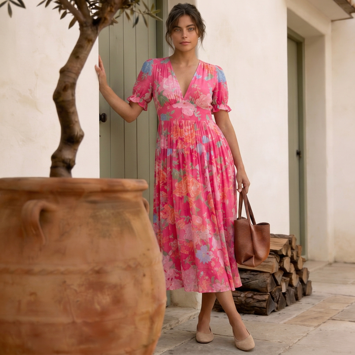 Nelora – Abito Maxi a Fiori con Scollo a V