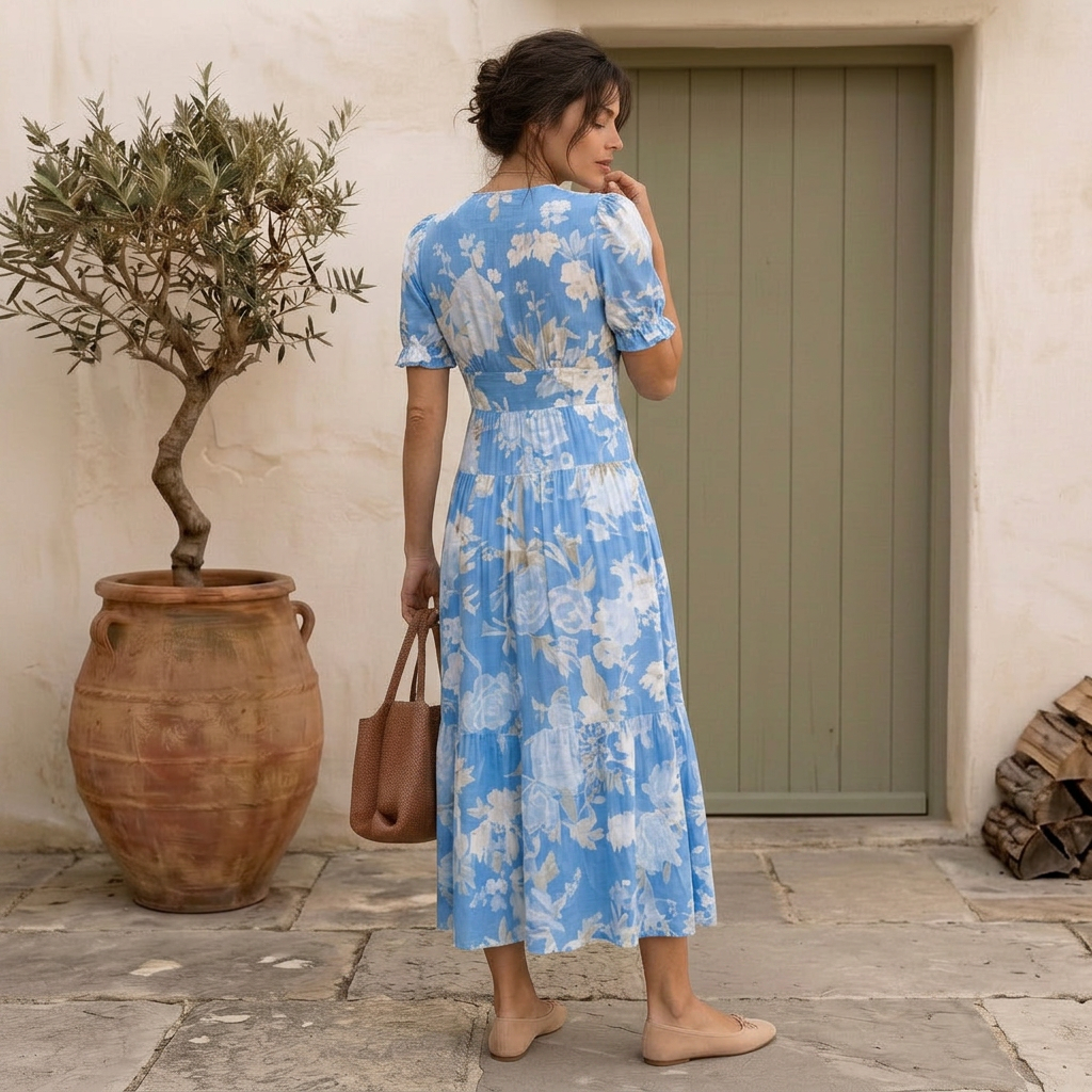 Nelora – Abito Maxi a Fiori con Scollo a V