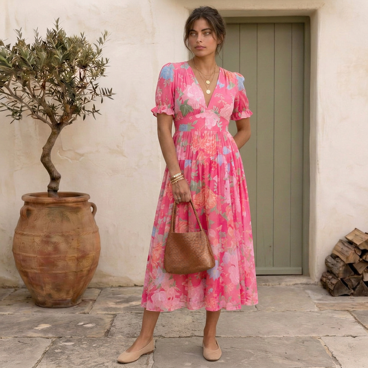 Nelora – Abito Maxi a Fiori con Scollo a V