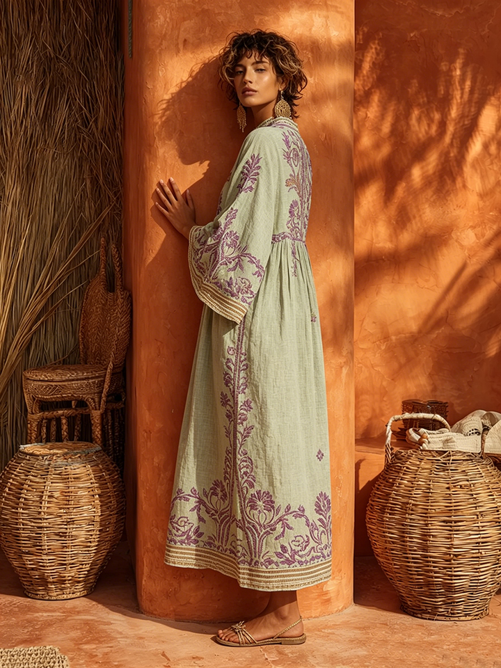 Rivana – Ricamo Floreale in Tessuto, Abito Maxi