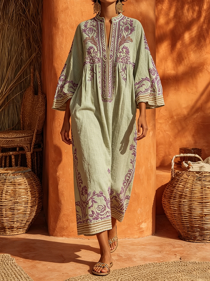 Rivana – Ricamo Floreale in Tessuto, Abito Maxi