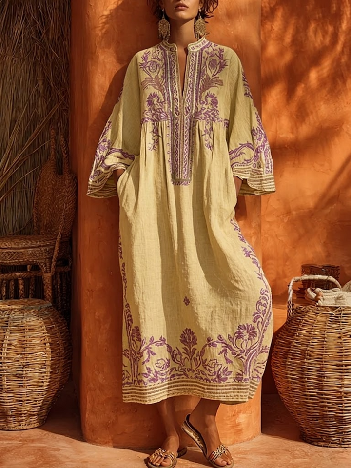 Rivana – Ricamo Floreale in Tessuto, Abito Maxi