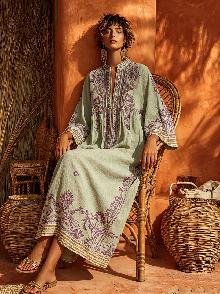 Rivana – Ricamo Floreale in Tessuto, Abito Maxi