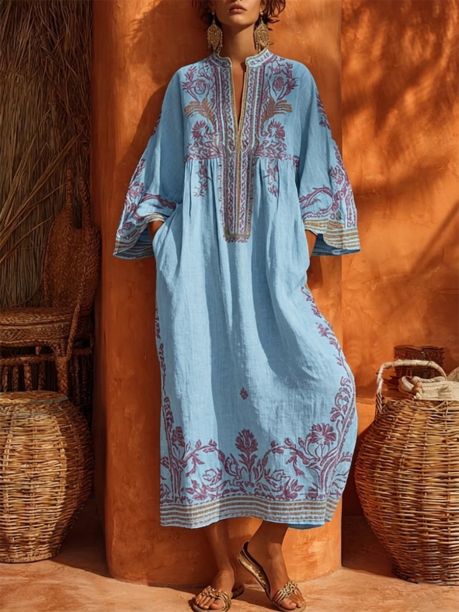 Rivana – Ricamo Floreale in Tessuto, Abito Maxi
