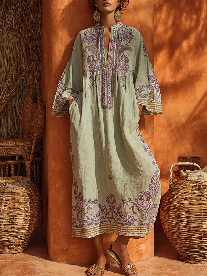 Rivana – Ricamo Floreale in Tessuto, Abito Maxi