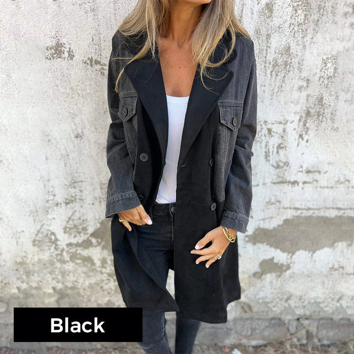 Calyra – Impunture Stile Denim, Tessuto a Navetta Elasticizzato, Cappotto Trench